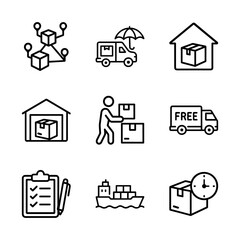 Streamlined shipping logistics icons grid. Icon symbol illustration