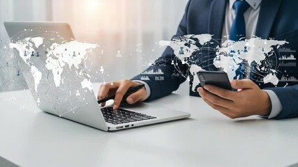 Global Businessman Laptop Mobile Network. - Powered by Adobe