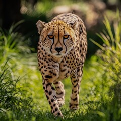 A vibrant cheetah sprinting in a savanna for World Cheetah Day Focus on the cheetah