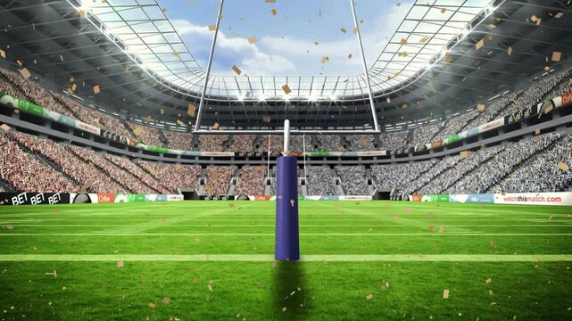 Goalpost being showered with confetti celebrating touchdown after crowd eruption inside stadium