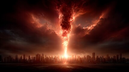 Obraz premium A dramatic post apocalyptic cityscape engulfed in flames and surrounded by an ominous glowing sky filled with dark clouds and bursts of energy