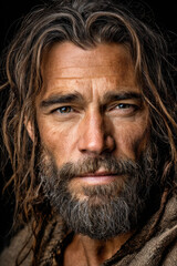 Fototapeta premium Rugged bearded man with intense gaze and wavy hair portrait