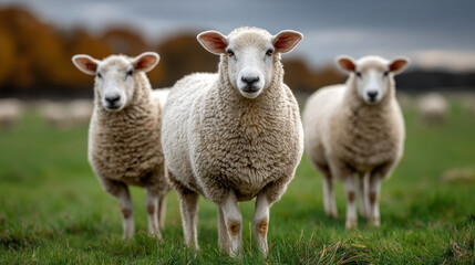 Obraz premium Three sheep grazing in green pasture under cloudy sky with autumn trees in background