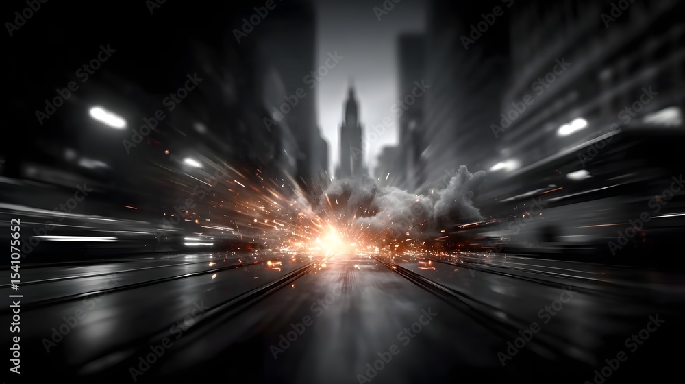 Poster blurred motion and high speed lights create a dynamic futuristic explosion of energy in a bustling c