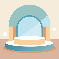 A minimalist stage mockup with soft pale blue, crisp white, and warm tan backdrop