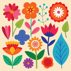 Vibrant Floral Design Elements A Collection of Colorful Flowers and Leaves