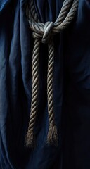 Close-up of a knotted rope draped over a deep indigo fabric