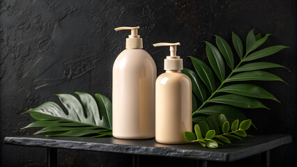 Organic skincare products beige bottles with tropical leaves on dark shelf