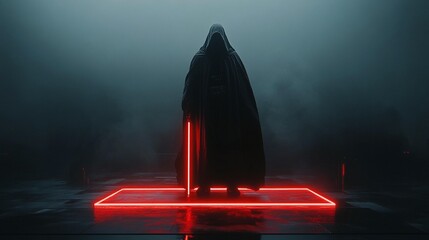 Dark figure in hooded cloak, holding a glowing red lightsaber, stands on a glowing red platform in a foggy environment