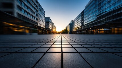 Obraz premium Sunlit city street with modern buildings seen from a low tiled perspective