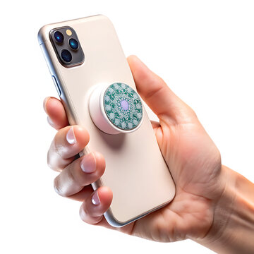 Womans hand holding beige smartphone with teal green purple mandala Pop Socket grip isolated on a transparent background