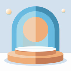 A minimalist stage mockup with soft pale blue, crisp white, and warm tan backdrop