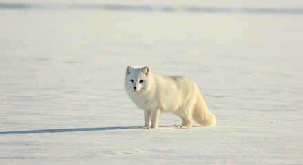 A lone arctic fox stands in a vast, snowy landscape