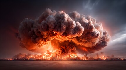 A powerful and dramatic industrial explosion and fire dominates the night skyline with thick plumes of dark smoke billowing into the air against an ominous backdrop