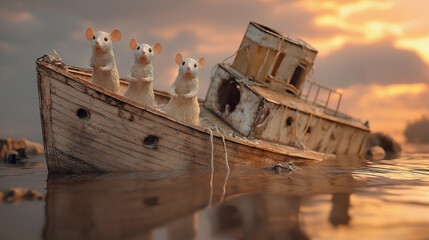 Three rats on a battered, partially submerged wooden boat at sunset - Generative AI