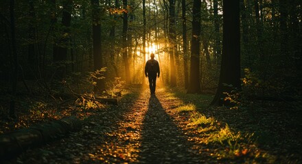 A lone figure walks a sunlit forest path