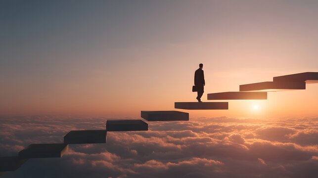 Businessman ascending a floating staircase to success