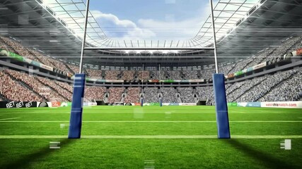 Glitching digital rectangles floating over rugby goalposts frame, building dynamic stadium reveal - Powered by Adobe