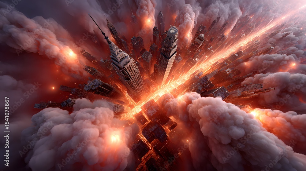 Poster a powerful chaotic scene of an intense military attack or war with missiles exploding and creating a
