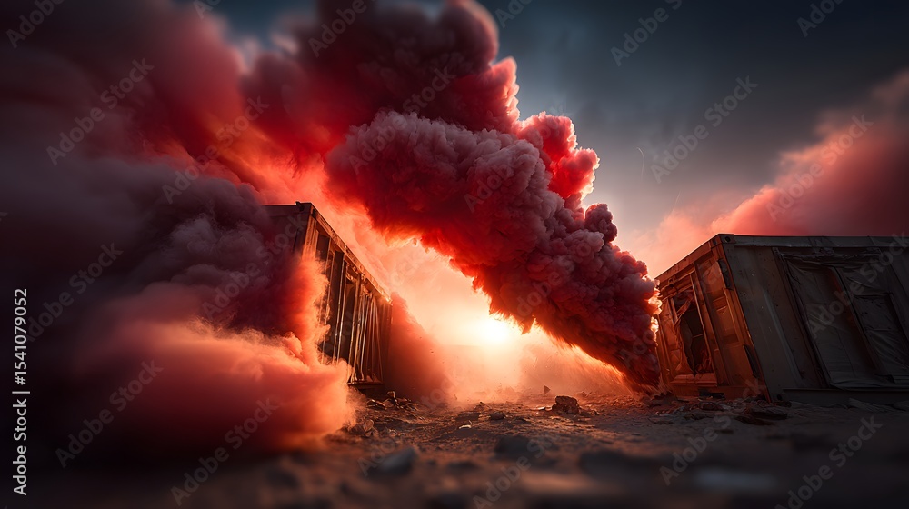 Poster raging flames and thick smoke billow from multiple collapsing structures in a chaotic and catastroph