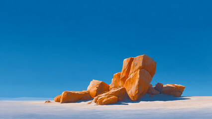 A minimalist landscape featuring orange rocks against a clear blue sky and white ground plane