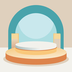 A minimalist stage mockup with soft pale blue, crisp white, and warm tan backdrop