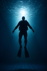 a dramatic silhouette of a diver floating serenely underwater
