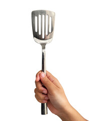 hand holding stainless steel spatula