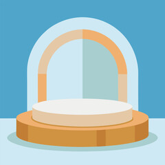 A minimalist stage mockup with soft pale blue, crisp white, and warm tan backdrop