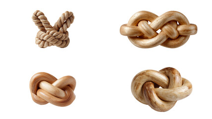 A display of four different types of rope knots against a stark black background in a grid format