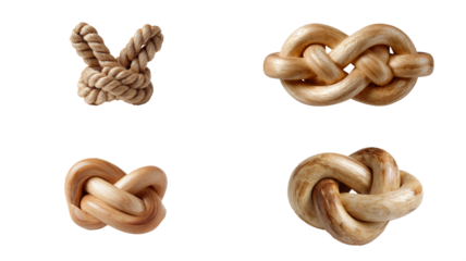 A display of four different types of rope knots against a stark black background in a grid format