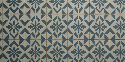 Vintage Blue Tile Background, Geometric Floral Pattern Texture, Classic Ceramic Surface, Decorative Mediterranean Design