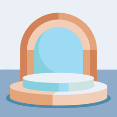 A minimalist stage mockup with soft pale blue, crisp white, and warm tan backdrop