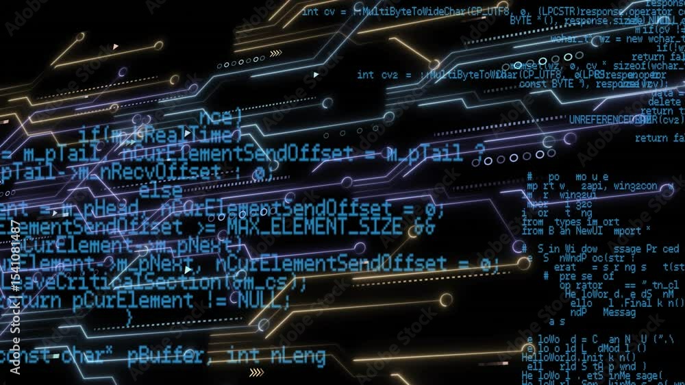 Poster glowing circuit traces emerging, overlaying blue code, pulsing arrow icons representing data flow