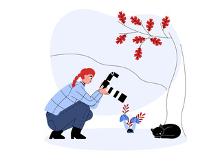 Photographer taking a picture of a cat sleeping under a tree. Professional photographer illustration. Cameraman concept. Flat vector illustration.