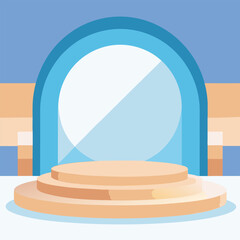 A minimalist stage mockup with soft pale blue, crisp white, and warm tan backdrop