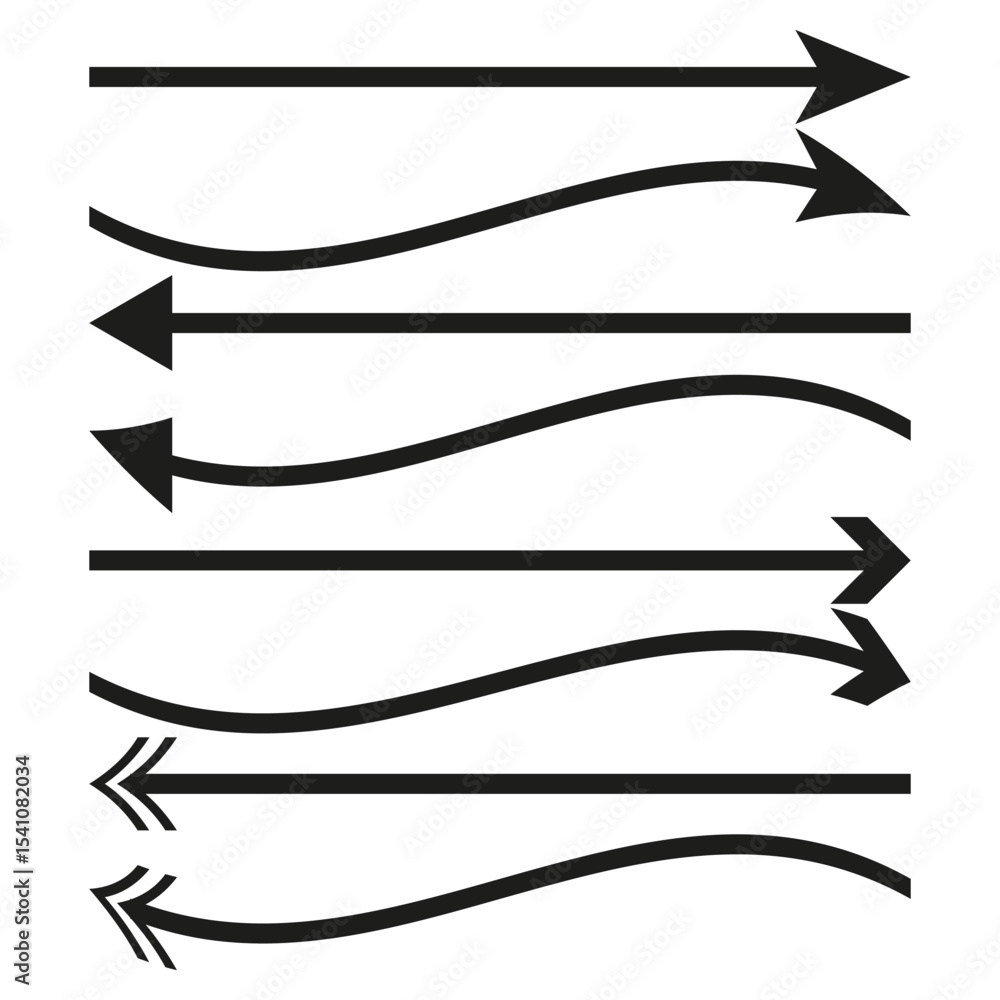 Poster wavy arrow set. directional vector symbols. curved pointer elements. flowing graphic design.