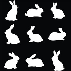 Rabbit silhouettes, various poses of rabbit, vector illustration isolated on black background.