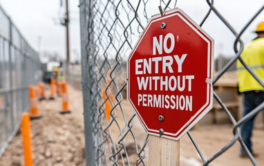 A red warning sign reading &ldquo;No Entry Without Permission&rdquo; attached to a chain-link fence at a construction site.