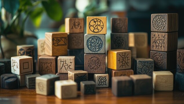 Wooden blocks, various sizes and colors, stacked and arranged.  Intricate carved designs