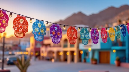 Colorful Day of the Dead skull banners strung above a lively street with sunset backdrop, celebrating Mexican heritage.