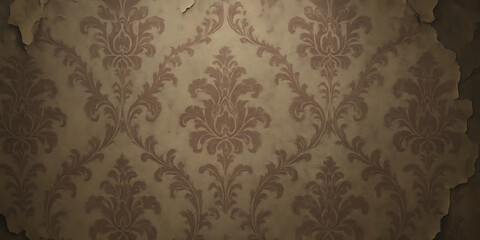 Vintage Damask Wallpaper Background, Aged Floral Pattern Surface, Torn Antique Texture, Ornate Victorian Backdrop