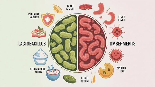 A scientific infographic contrasts good gut bacteria like Lactobacillus with bad pathogens like Salmonella to explain digestive health