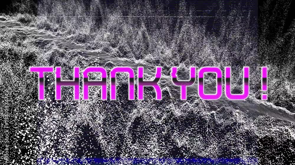 Poster particle wave undulating in dark 3d scene initiating magenta lines tracing and forming thank you