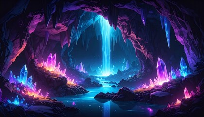 Enchanted Crystal Cave: A Glowing Waterfall