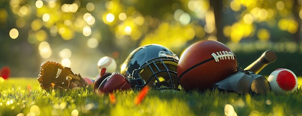 Assorted sports equipment rests on grassy field