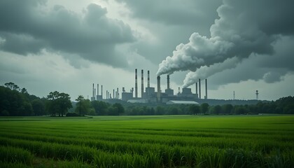 Editorial Photo of Factory Emitting Smoke Behind Green Nature Landscape