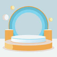 A minimalist stage mockup with soft pale blue, crisp white, and warm tan backdrop