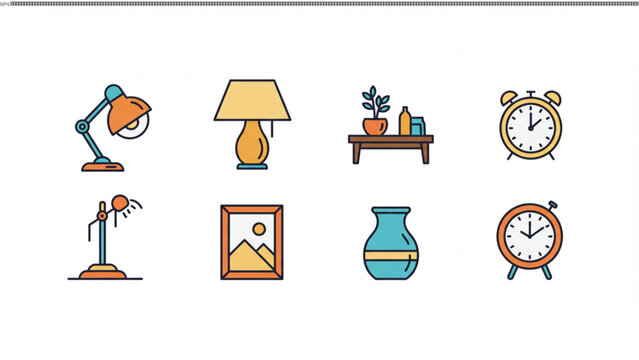 Vector Icons Set Desk Lamp, Table Lamp, Alarm Clock, Vase, Picture Frame, Plant Pot, Home Decor Elements