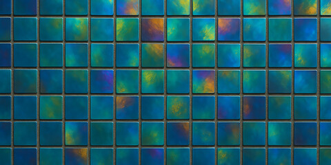 Iridescent Blue Tile Background, Shiny Mosaic Surface, Reflective Glass Texture, Colorful Geometric Backdrop